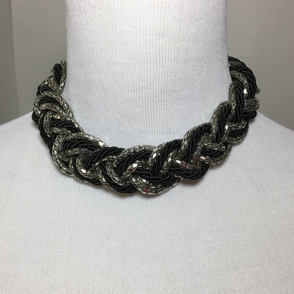 Silver Tone Black Rope Braided Choker Necklace - Picture 2 of 7